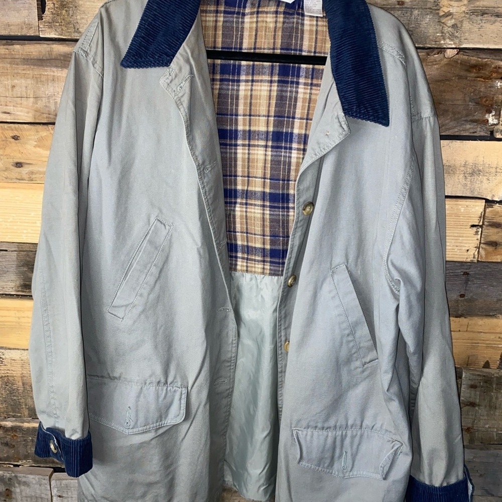 Vintage Cherokee Taupe Barn Coat With Blue Corduroy Trimming Size Large
